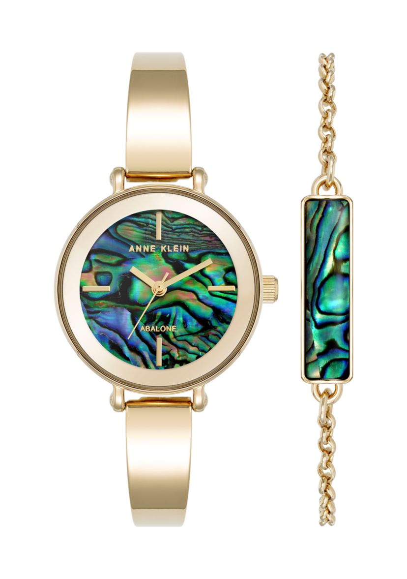 Quartz Round Abalone Gemstone Gold-Tone Alloy Metal Watch and Bracelet Set