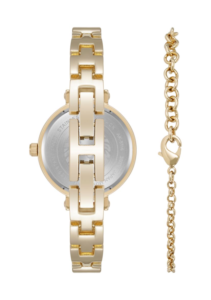 Quartz Round Abalone Gemstone Gold-Tone Alloy Metal Watch and Bracelet Set