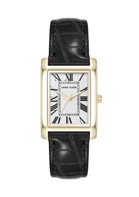 Anne Klein Quartz Rectangular Roman Numeral Black Faux Leather and Gold Tone Alloy Metal Watch -  0086702751372