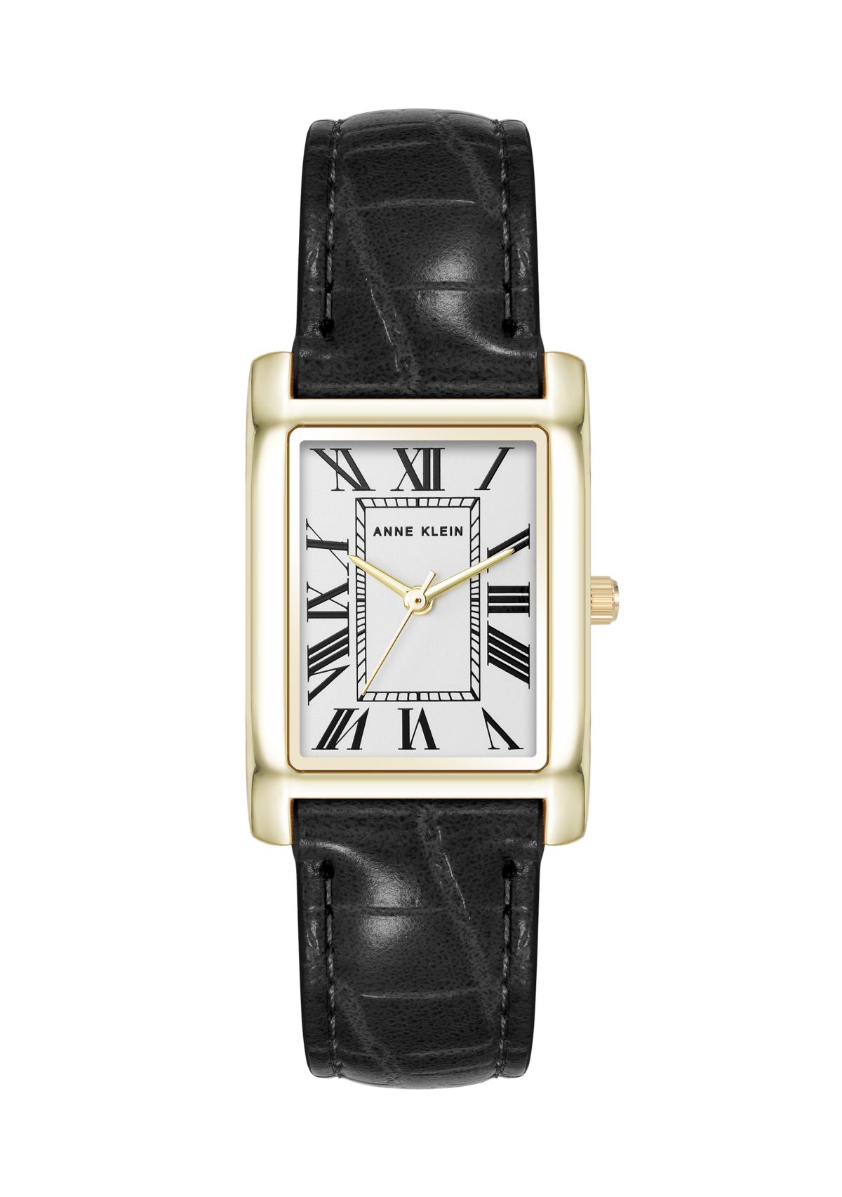 Quartz Rectangular Roman Numeral Black Faux Leather and Gold Tone Alloy Metal Watch
