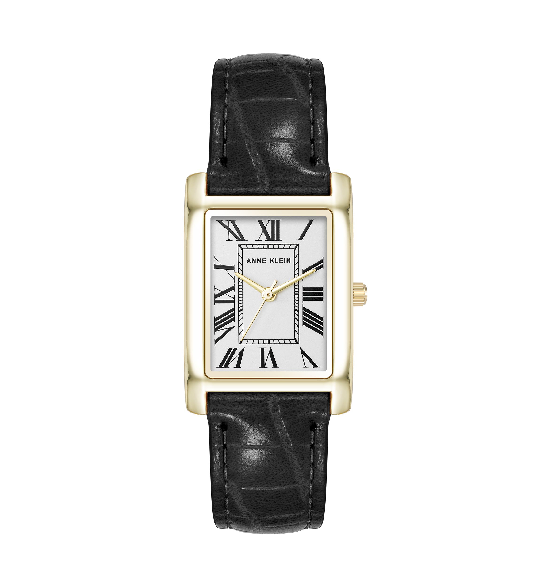 Quartz Rectangular Roman Numeral Black Faux Leather and Gold Tone Alloy Metal Watch