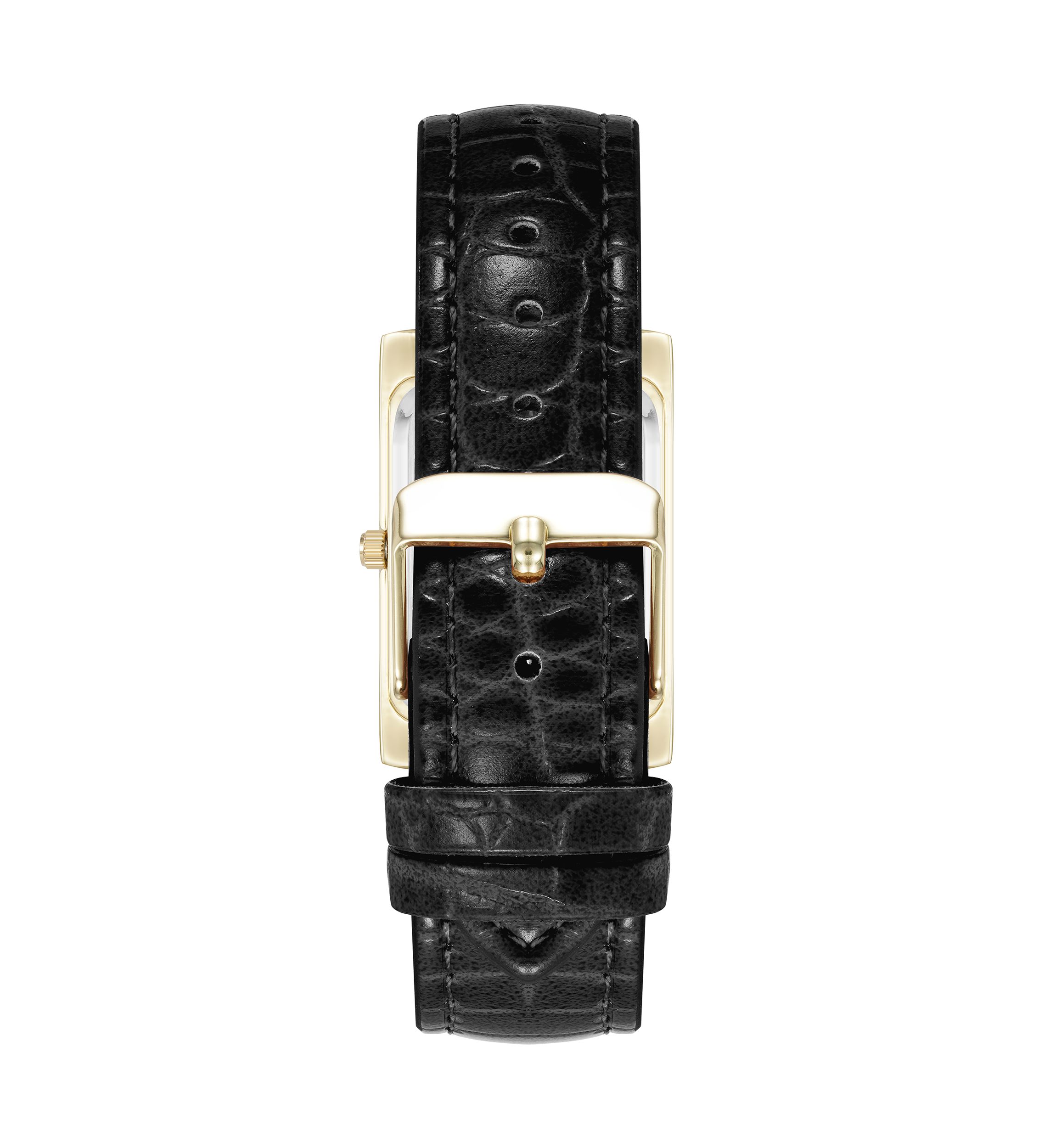 Quartz Rectangular Roman Numeral Black Faux Leather and Gold Tone Alloy Metal Watch