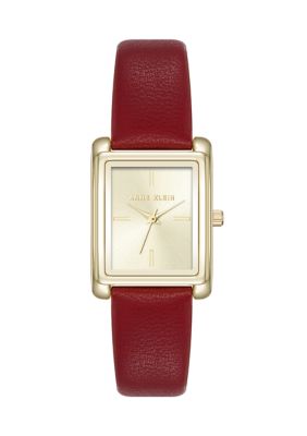 Anne Klein Quartz Rectangular Red Faux Leather and Gold Tone Alloy Metal Watch