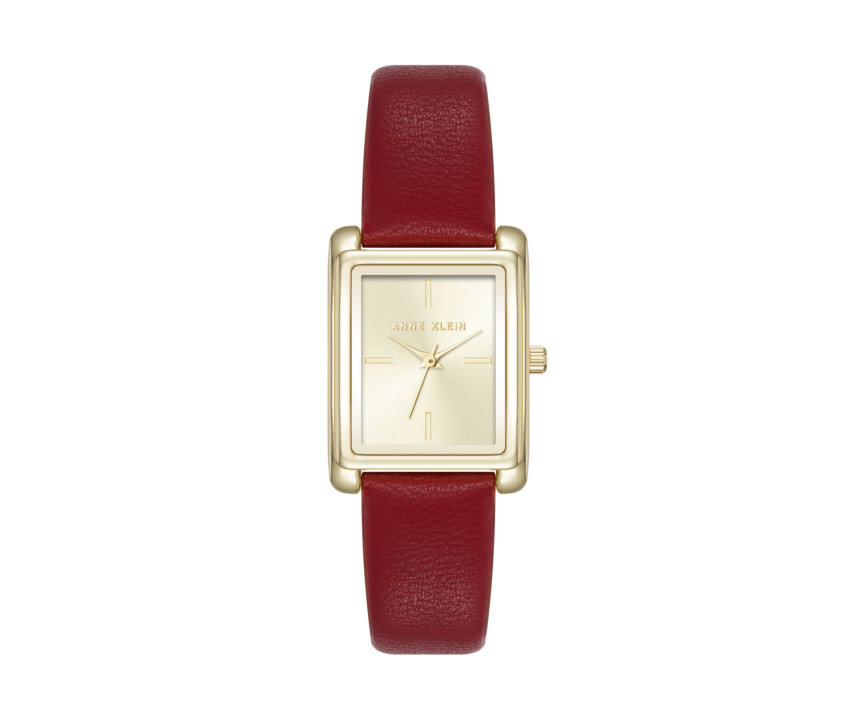 Quartz Rectangular Red Faux Leather and Gold Tone Alloy Metal Watch