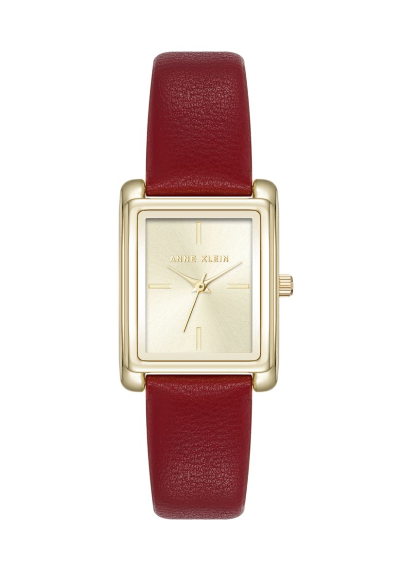 Quartz Rectangular Red Faux Leather and Gold Tone Alloy Metal Watch