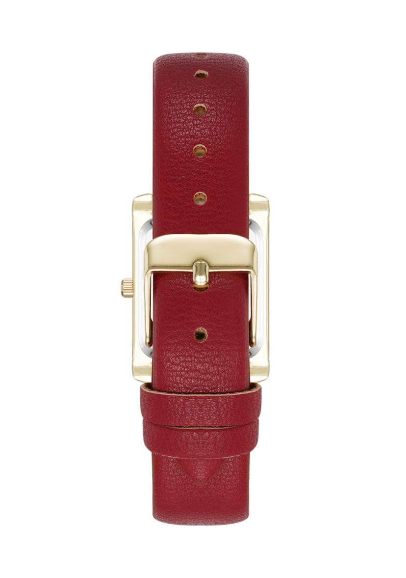 Quartz Rectangular Red Faux Leather and Gold Tone Alloy Metal Watch