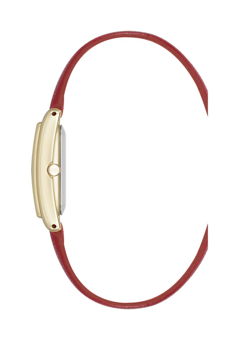 Quartz Rectangular Red Faux Leather and Gold Tone Alloy Metal Watch