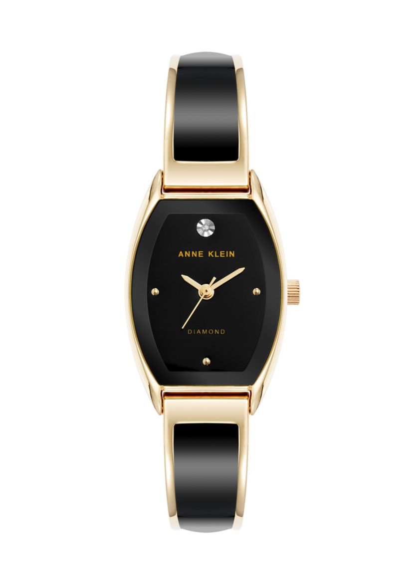 Quartz Cushion Black Enamel with Gold-Tone Metal Alloy Bangle Watch