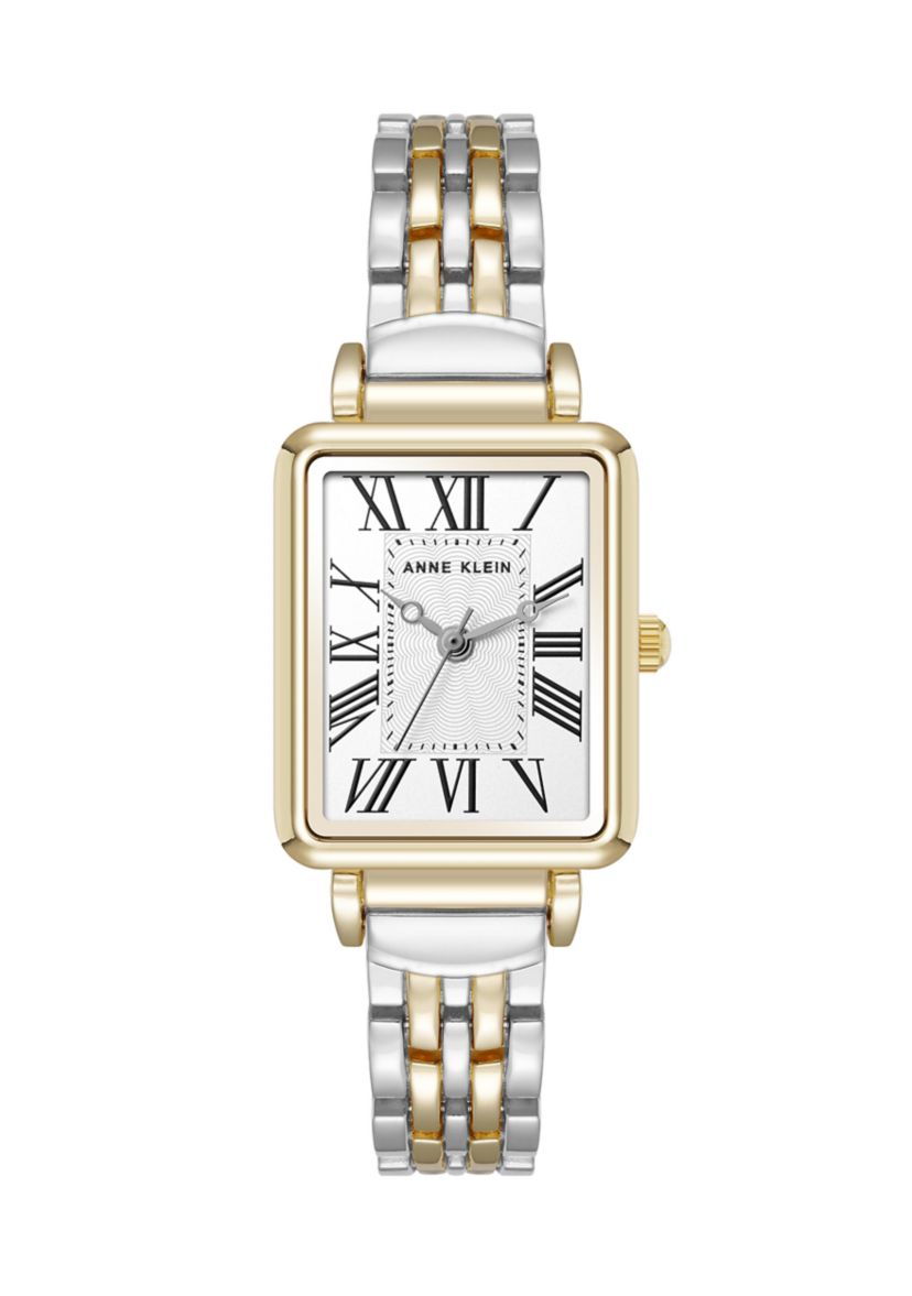 Womens Quartz Rectangular Roman Numeral Two Tone Metal Alloy Watch
