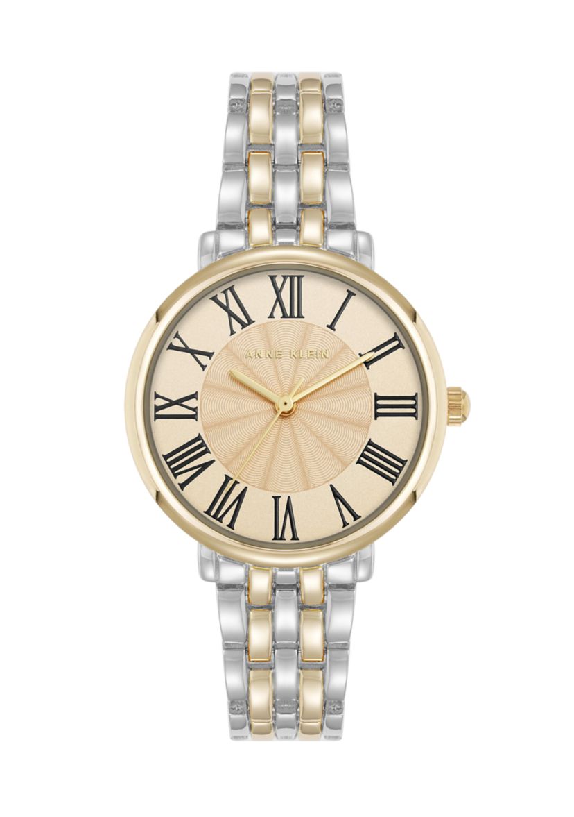 Quartz Round Roman Numeral Two-Tone Metal Alloy Watch
