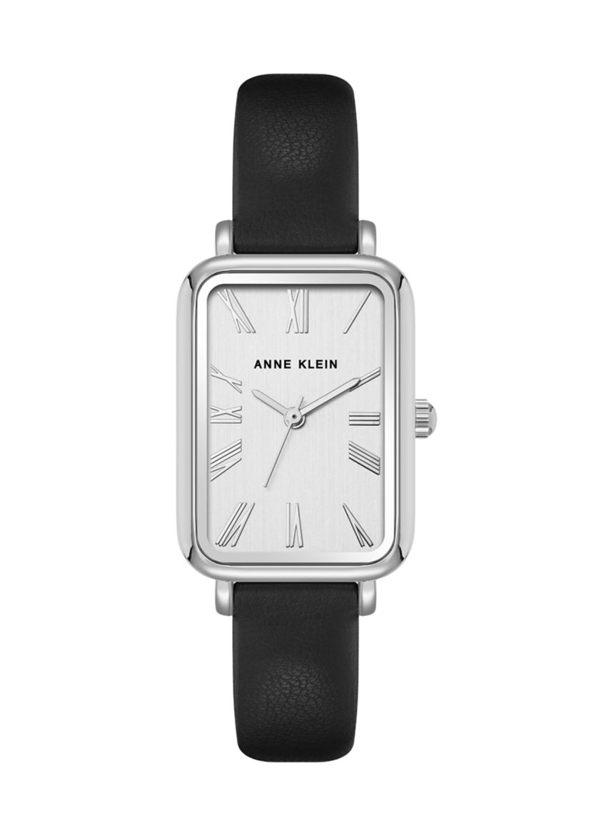 Quartz Rectangular Black Faux Leather and Silver Tone Metal Alloy Watch - 23 Millimeter