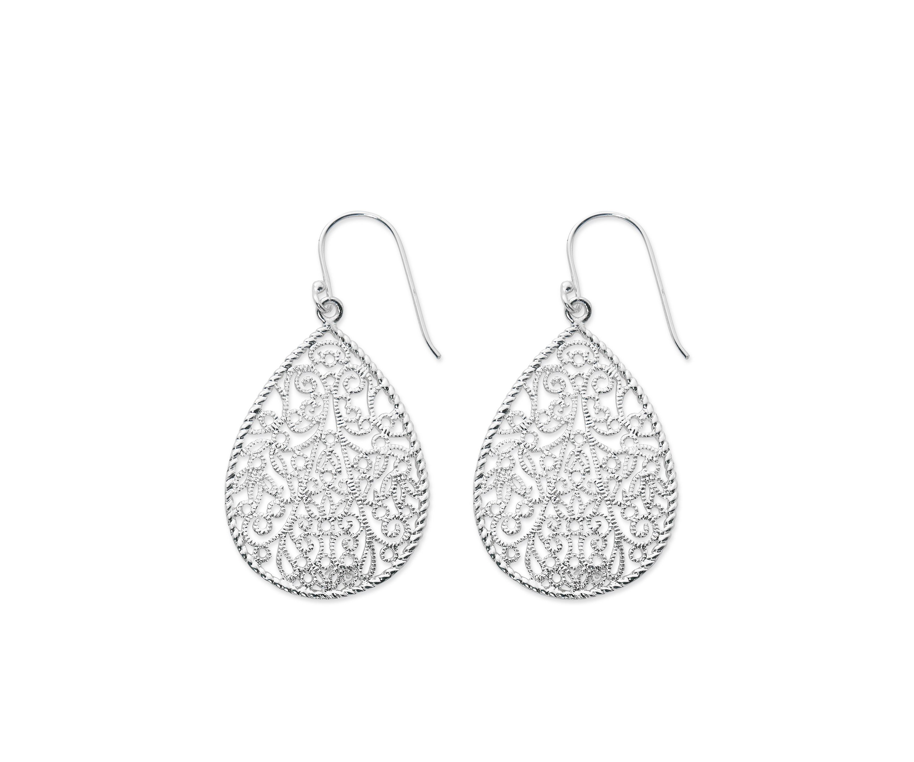 Silver Plated Pure 100 Filigree Teardrop Drop Earrings