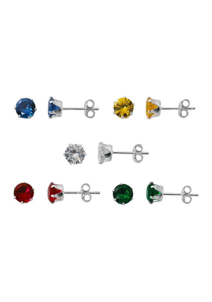 Lab Created Sterling Silver 5 Pair Stud Earrings Set