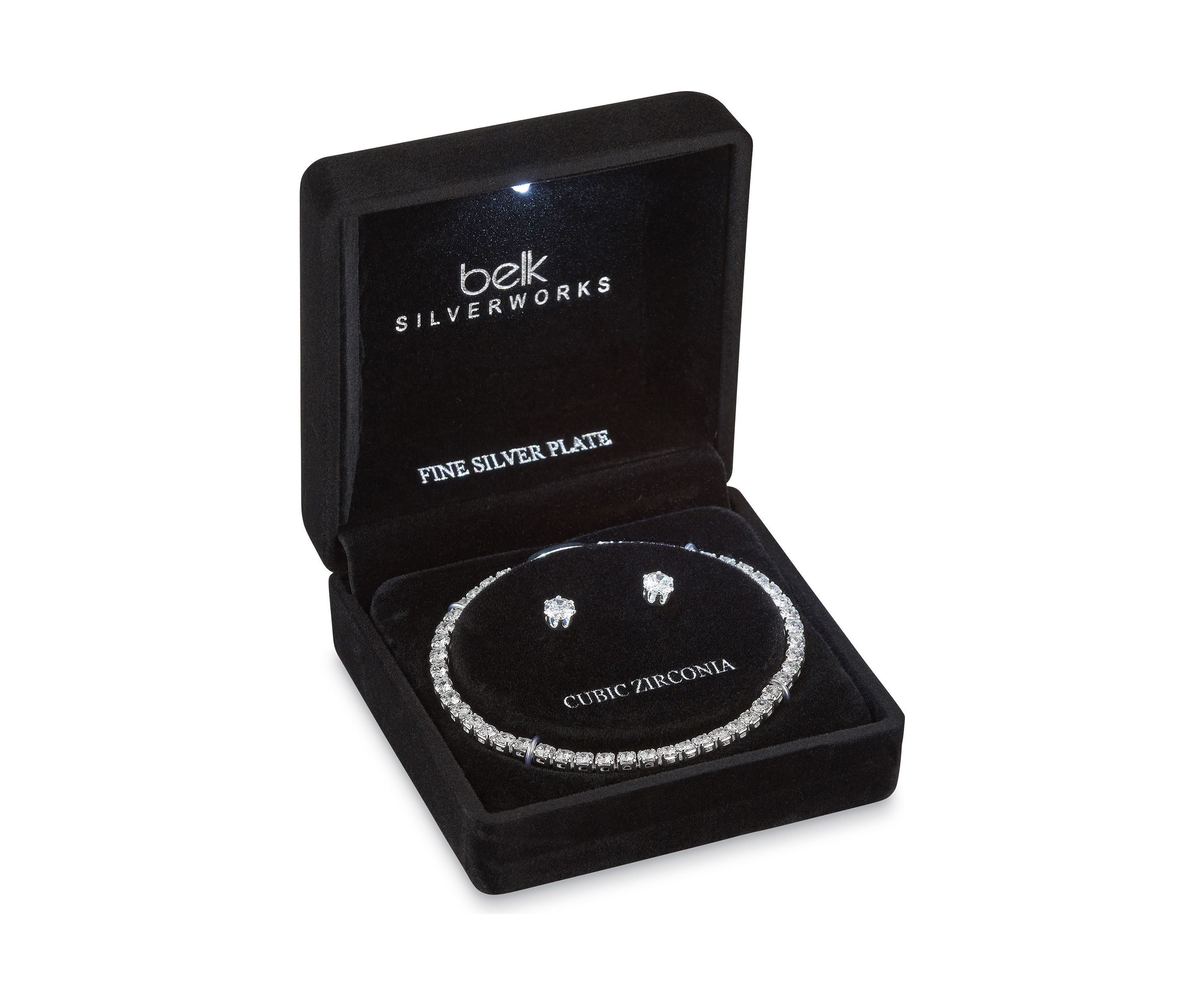 Silver Plate Tennis Bracelet and Earring Set in Light Up Box