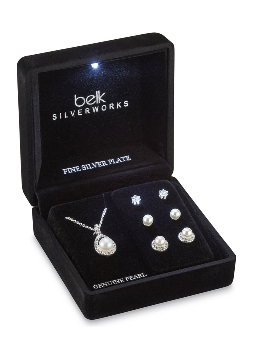 Silver Plated Pendant Necklace and Earrings Set in Light Up Box