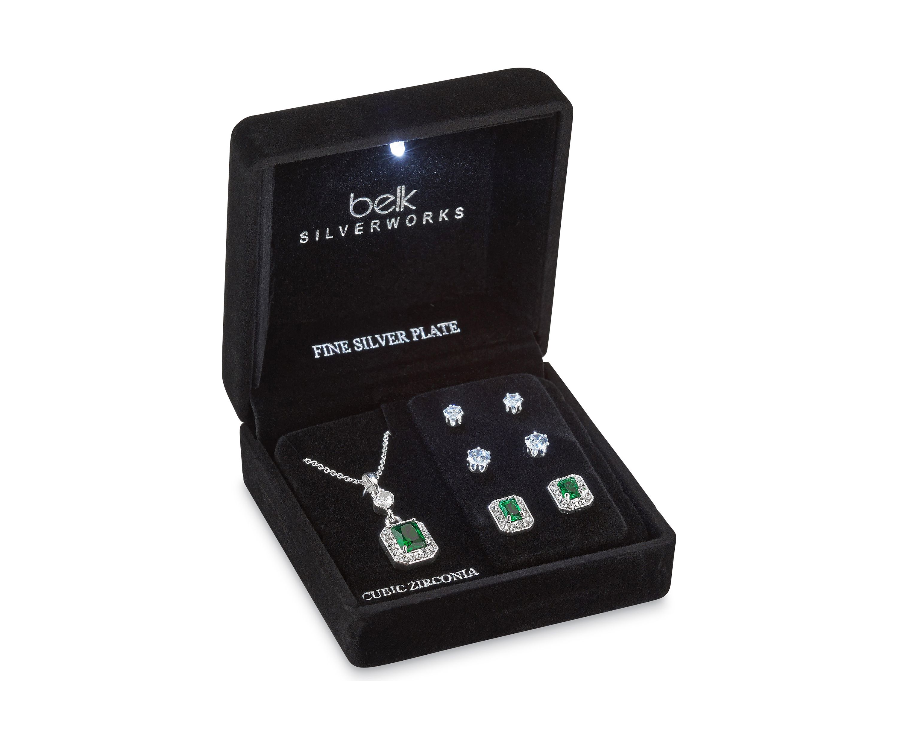 Silver Plated Pendant Necklace and Earrings Set in Light Up Box