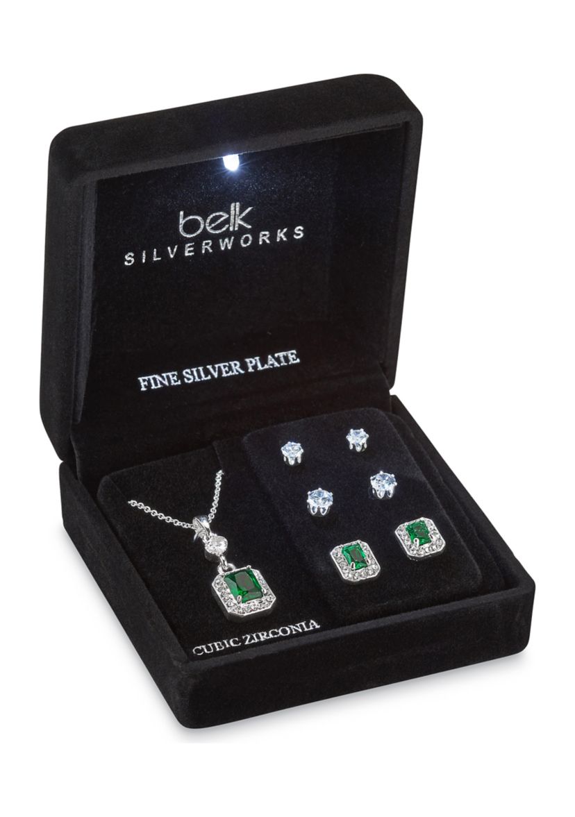 Silver Plated Pendant Necklace and Earrings Set in Light Up Box