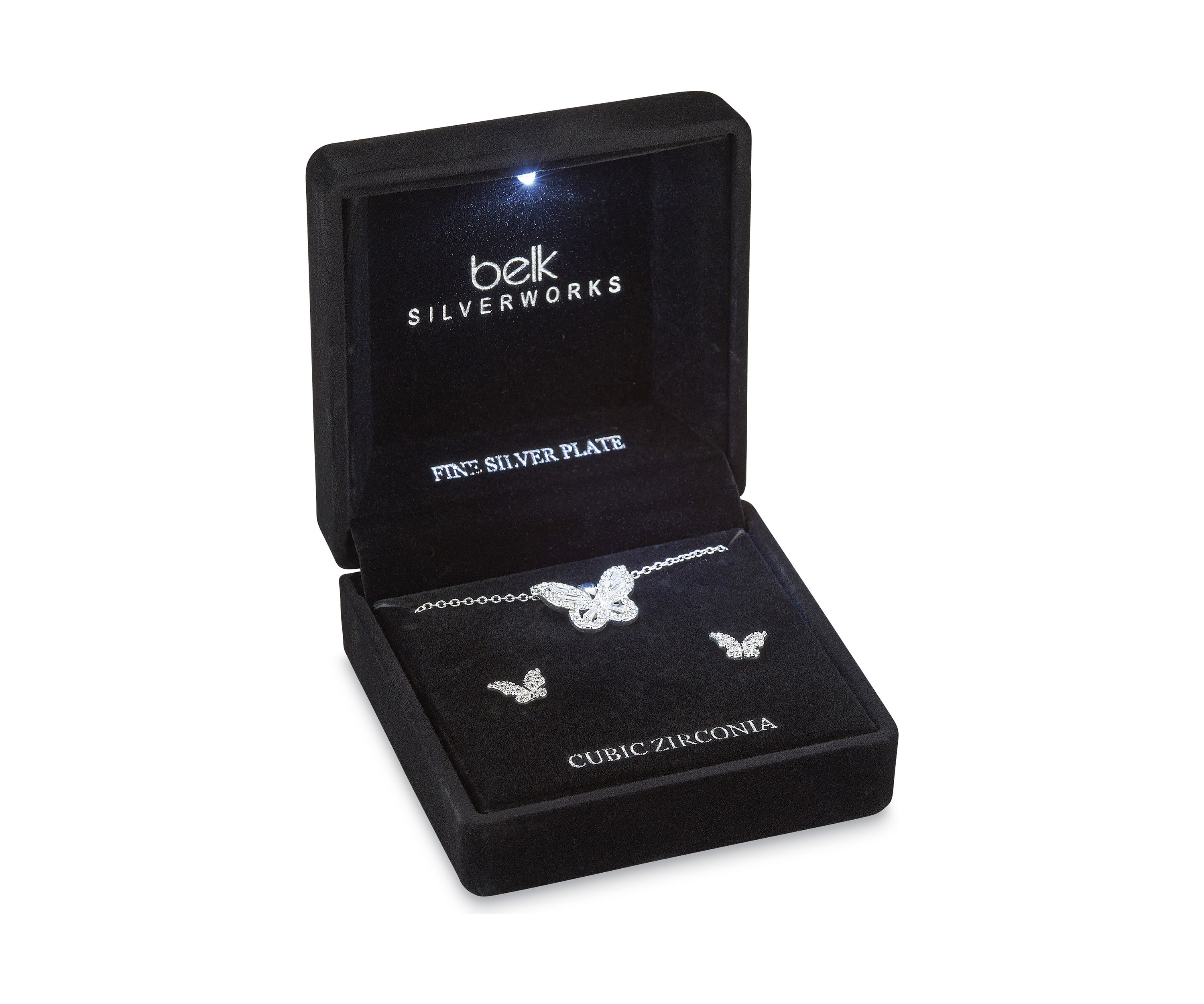  Silver Plated Pendant Necklace and Earring Set in Light Up Box
