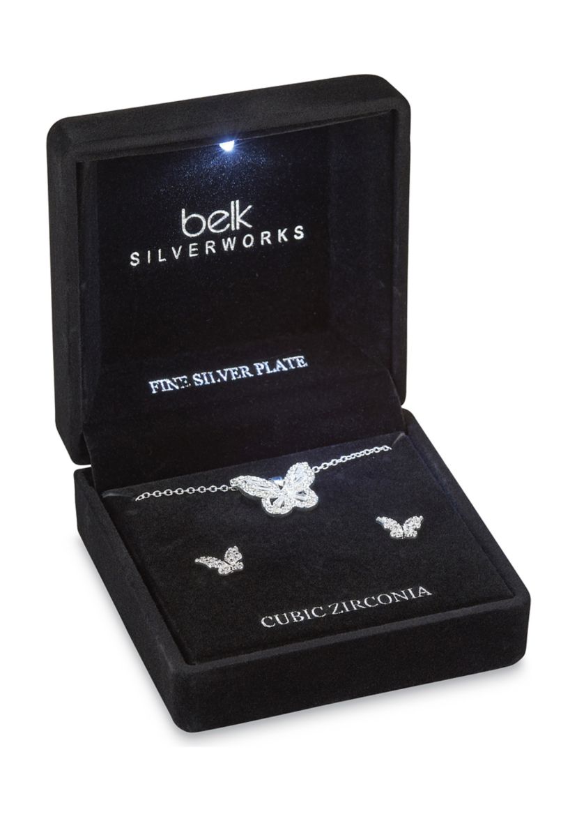  Silver Plated Pendant Necklace and Earring Set in Light Up Box