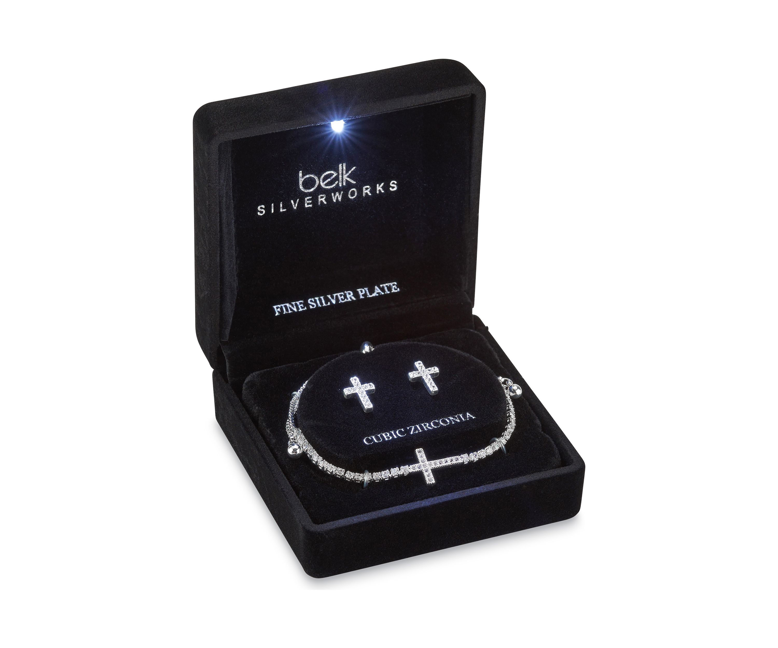 Silver Plated Adjustable Bracelet and Earring Set in Light Up Box