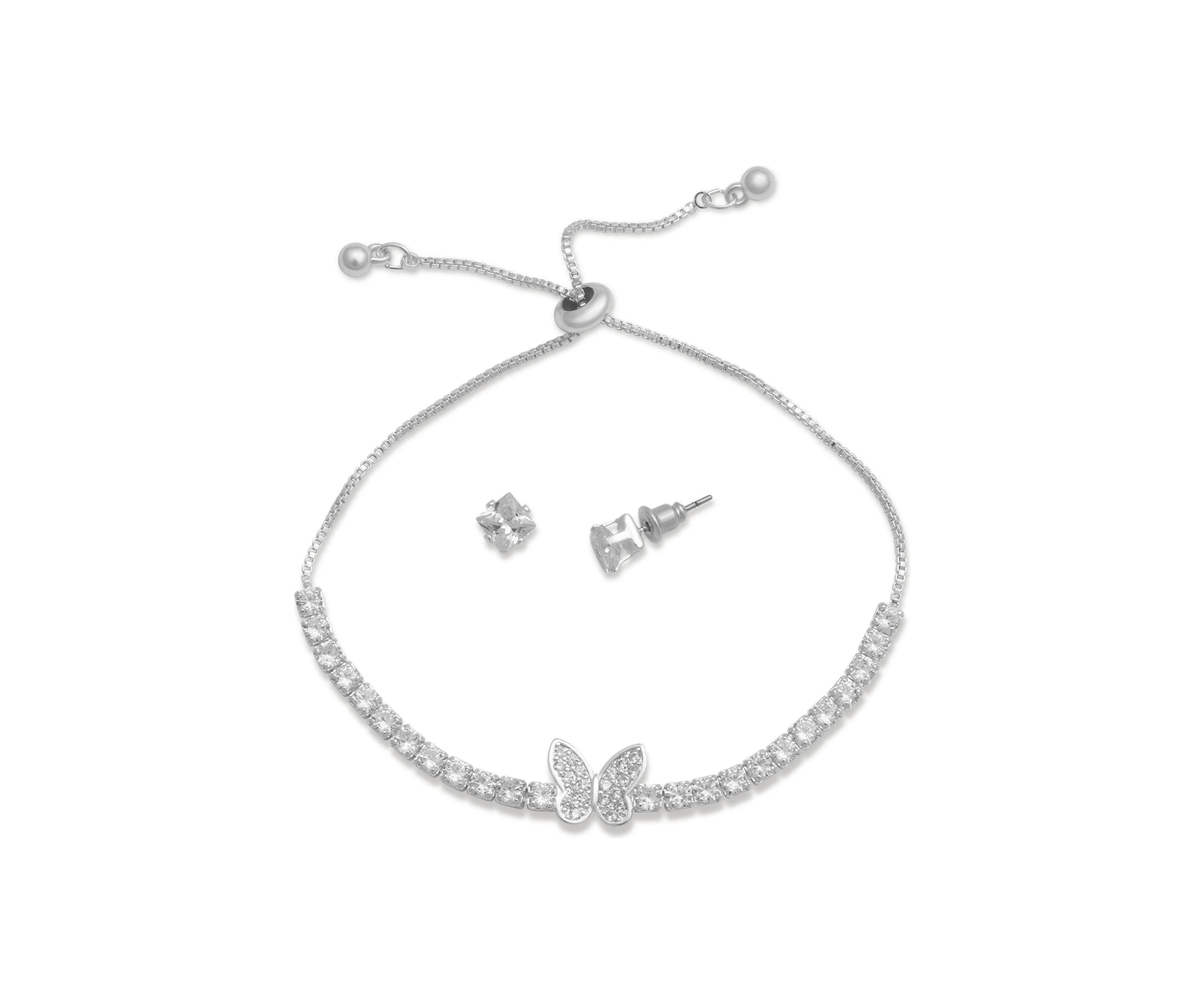 Lab Created Silver Plated Adjustable Bracelet and Earring Set in Light Up Box