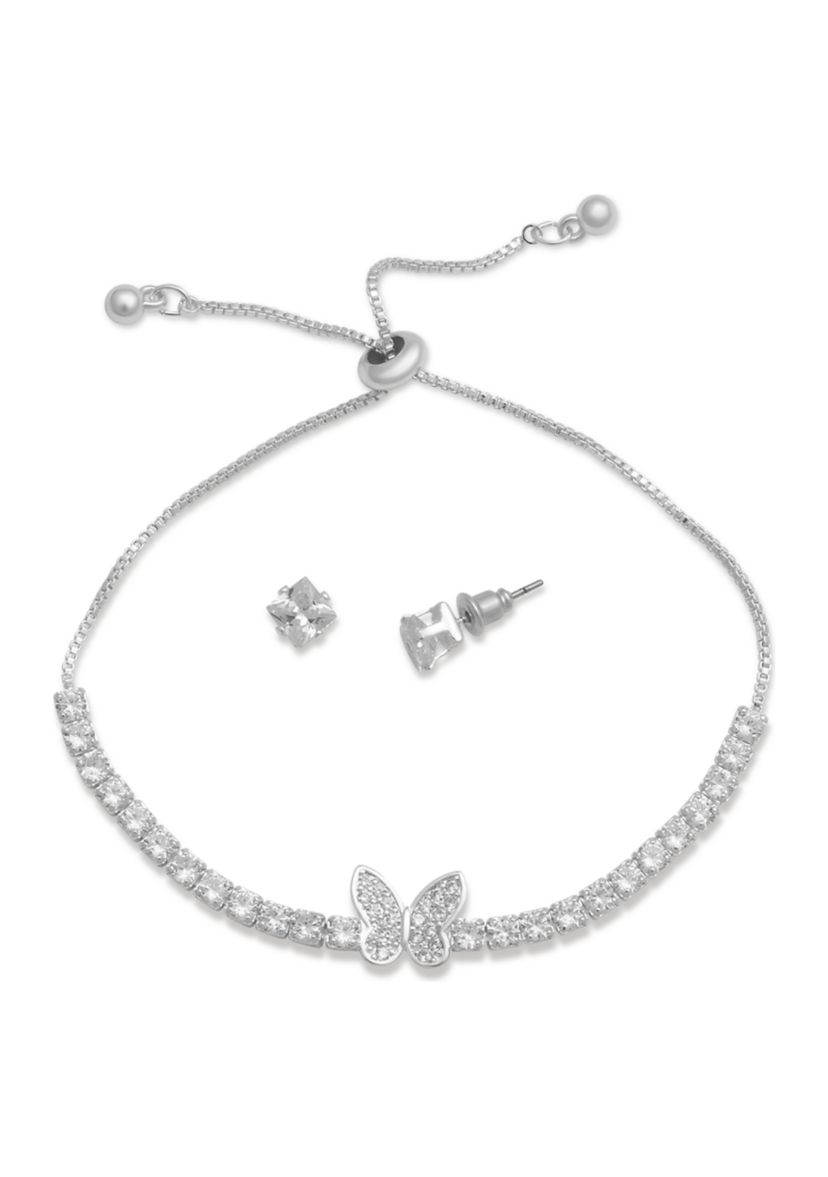 Lab Created Silver Plated Adjustable Bracelet and Earring Set in Light Up Box