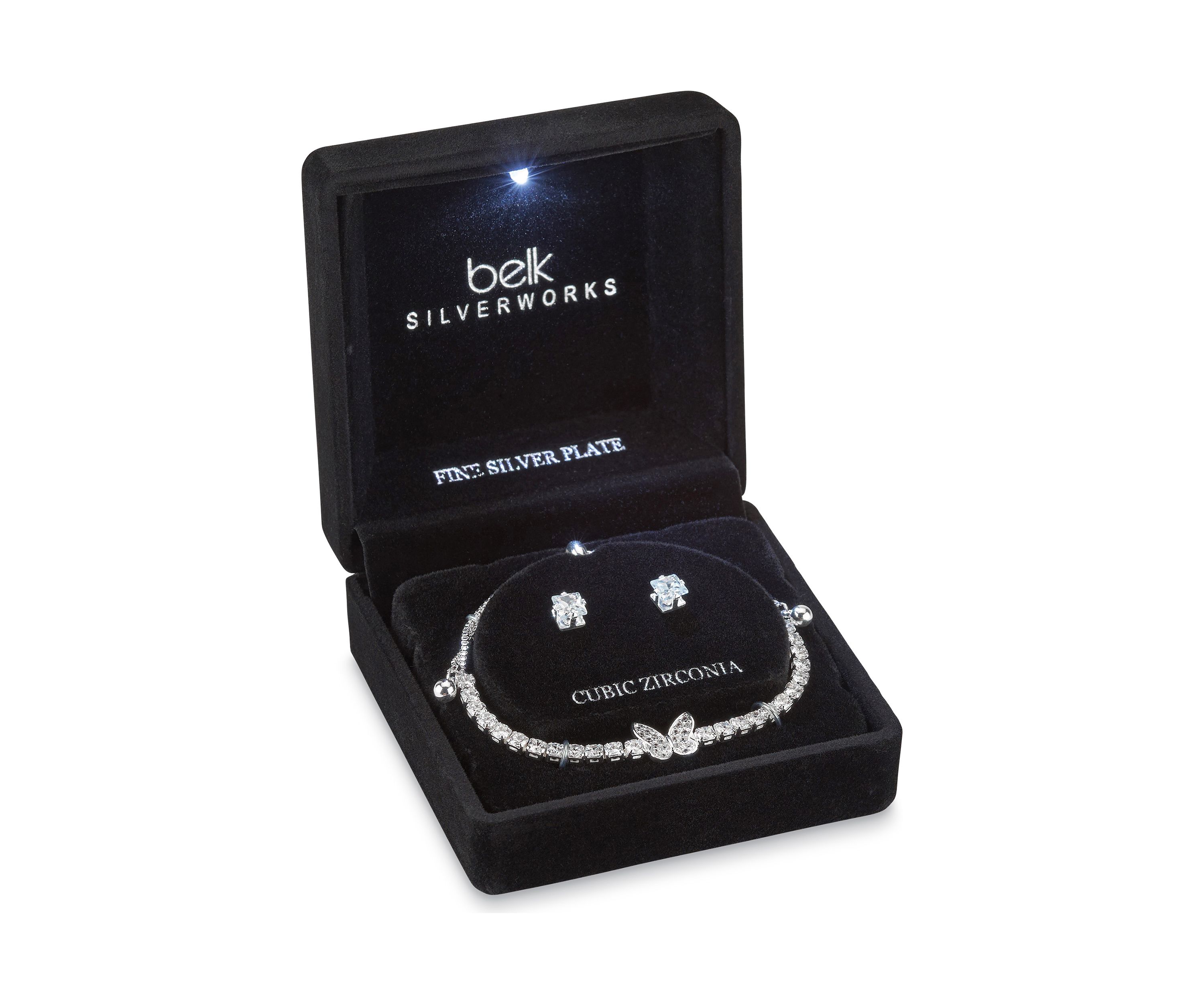 Lab Created Silver Plated Adjustable Bracelet and Earring Set in Light Up Box