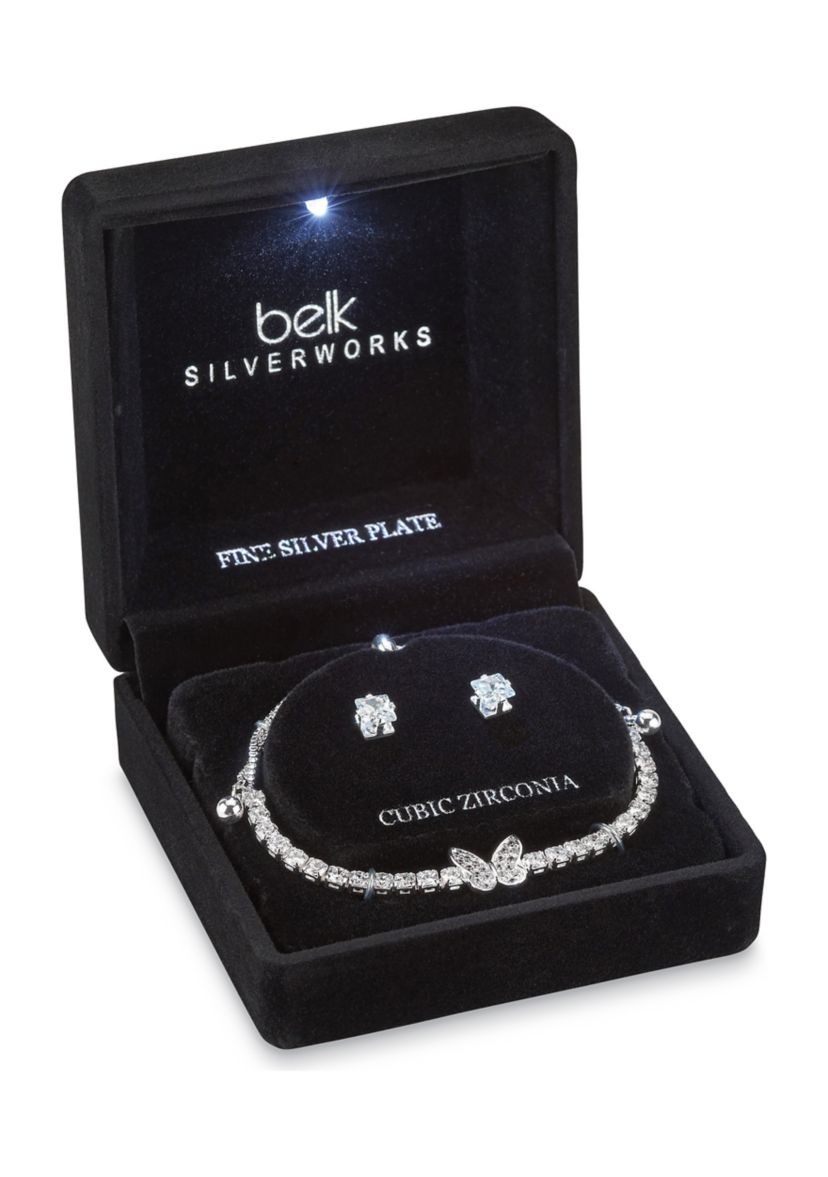 Lab Created Silver Plated Adjustable Bracelet and Earring Set in Light Up Box