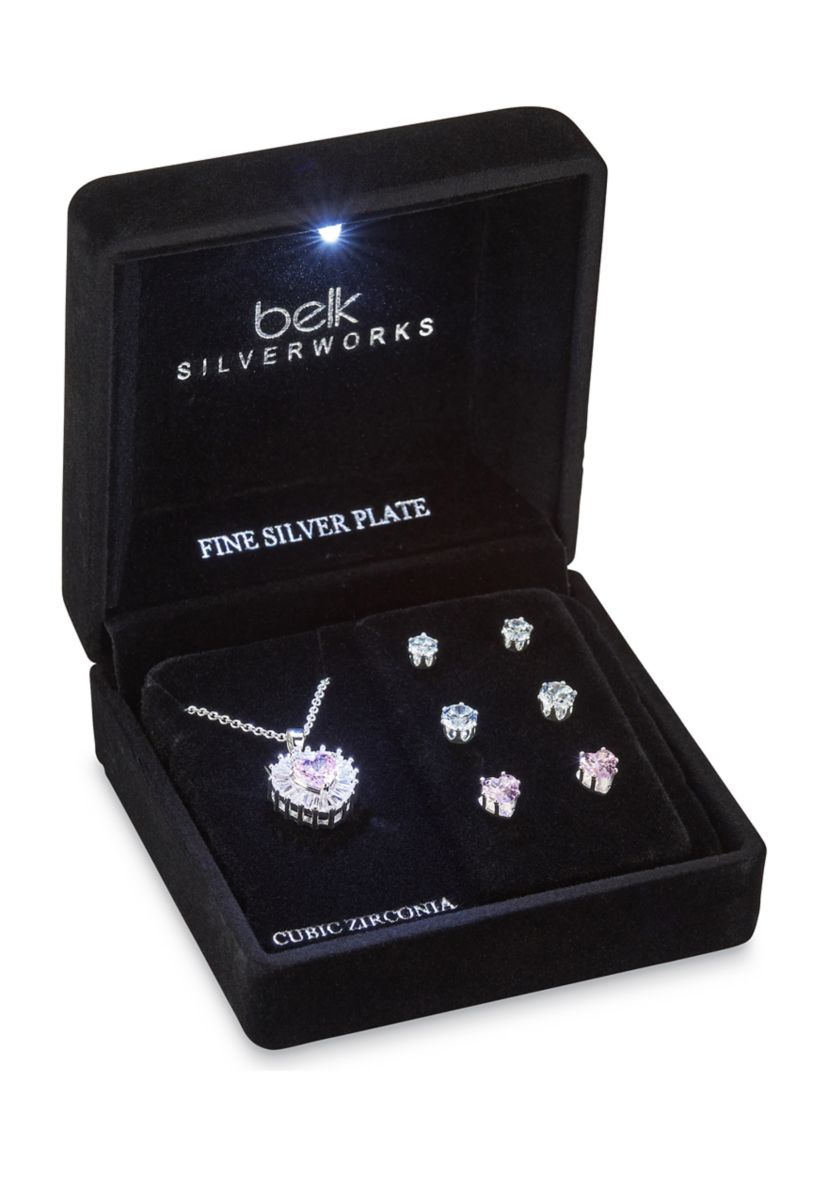Silver Plated Pendant Necklace and 3 Pairs of Earrings Set in Light Up Box