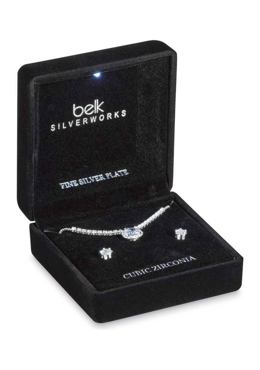 Silver Plated Pendant Necklace and Earring Set in Light Up Box