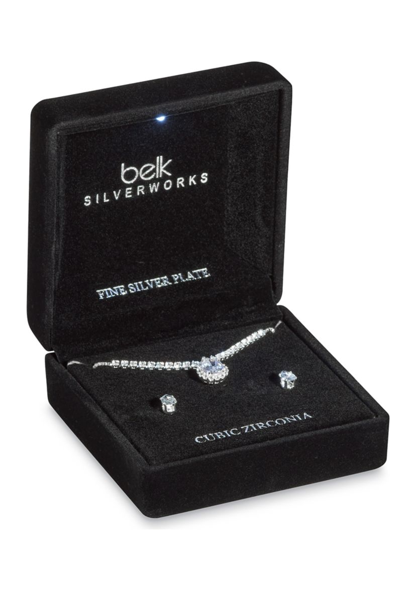 Silver Plated Pendant Necklace and Earring Set in Light Up Box