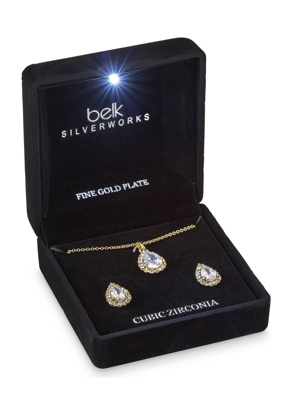 Gold Plated Pendant Necklace and Earring Set in Light Up Box