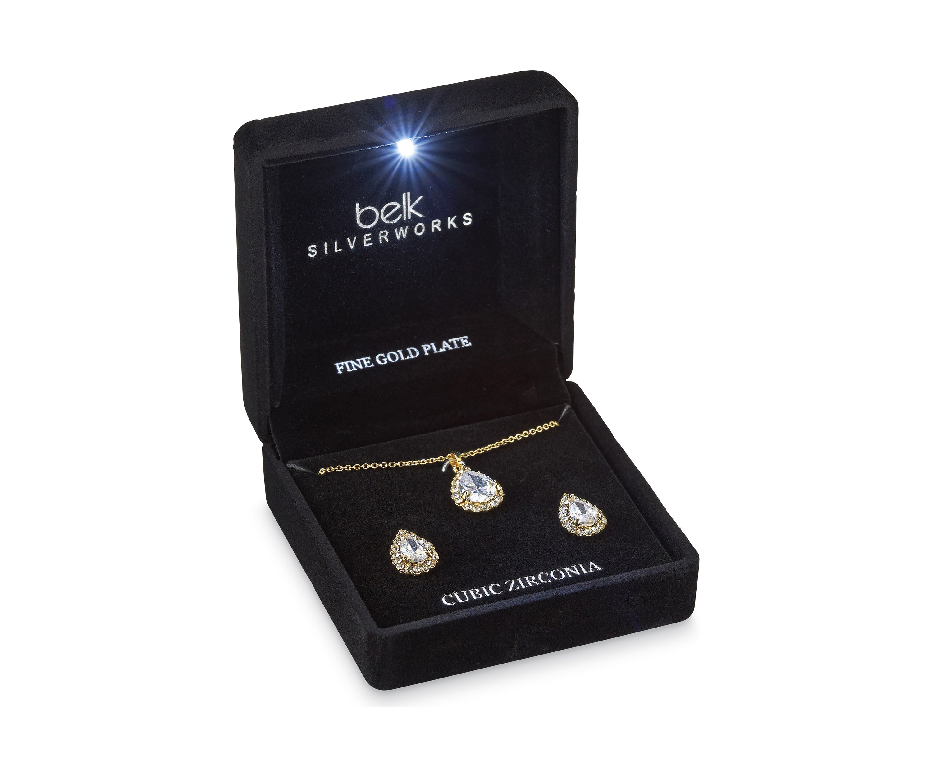 Gold Plated Pendant Necklace and Earring Set in Light Up Box
