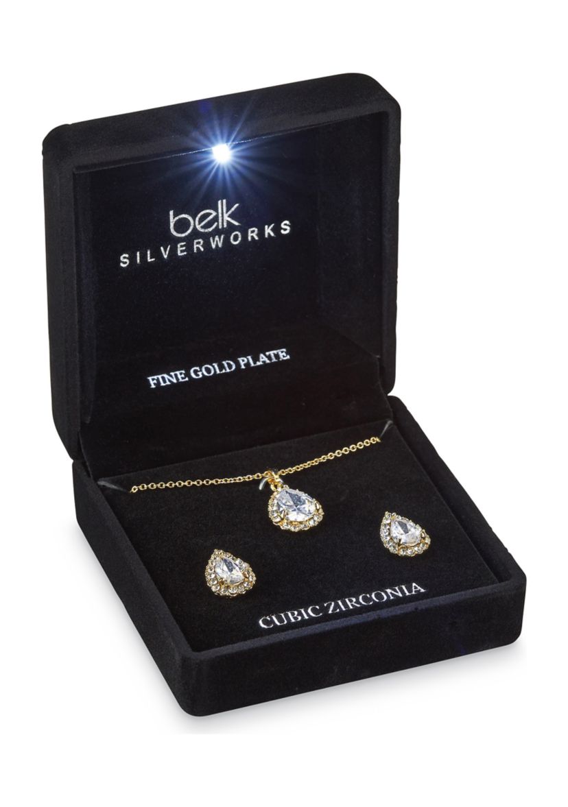 Gold Plated Pendant Necklace and Earring Set in Light Up Box