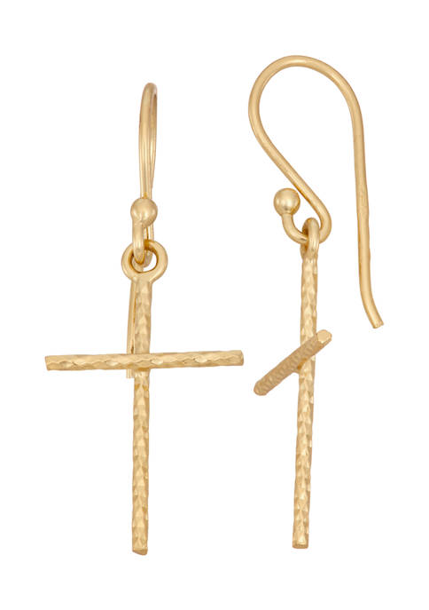   24K Gold Over Sterling Silver Cross Drop Earrings on Fish Hook Wire 