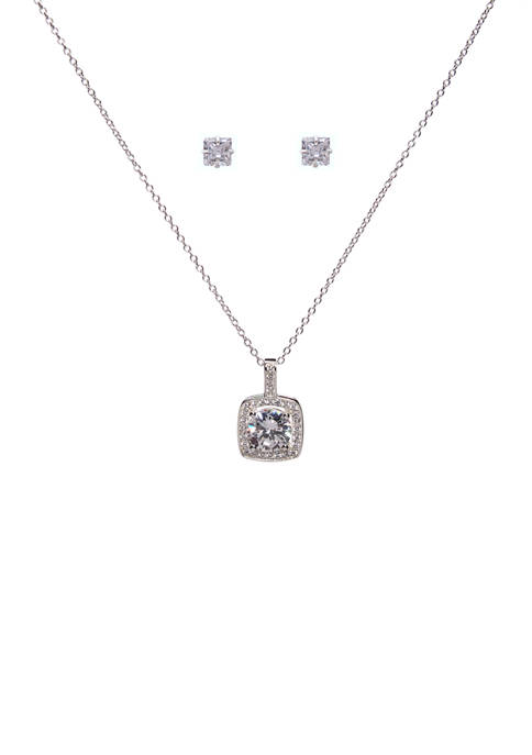 Sterling Silver Lab Created Crystal Cubic Zirconia Square Necklace and Earrings Set