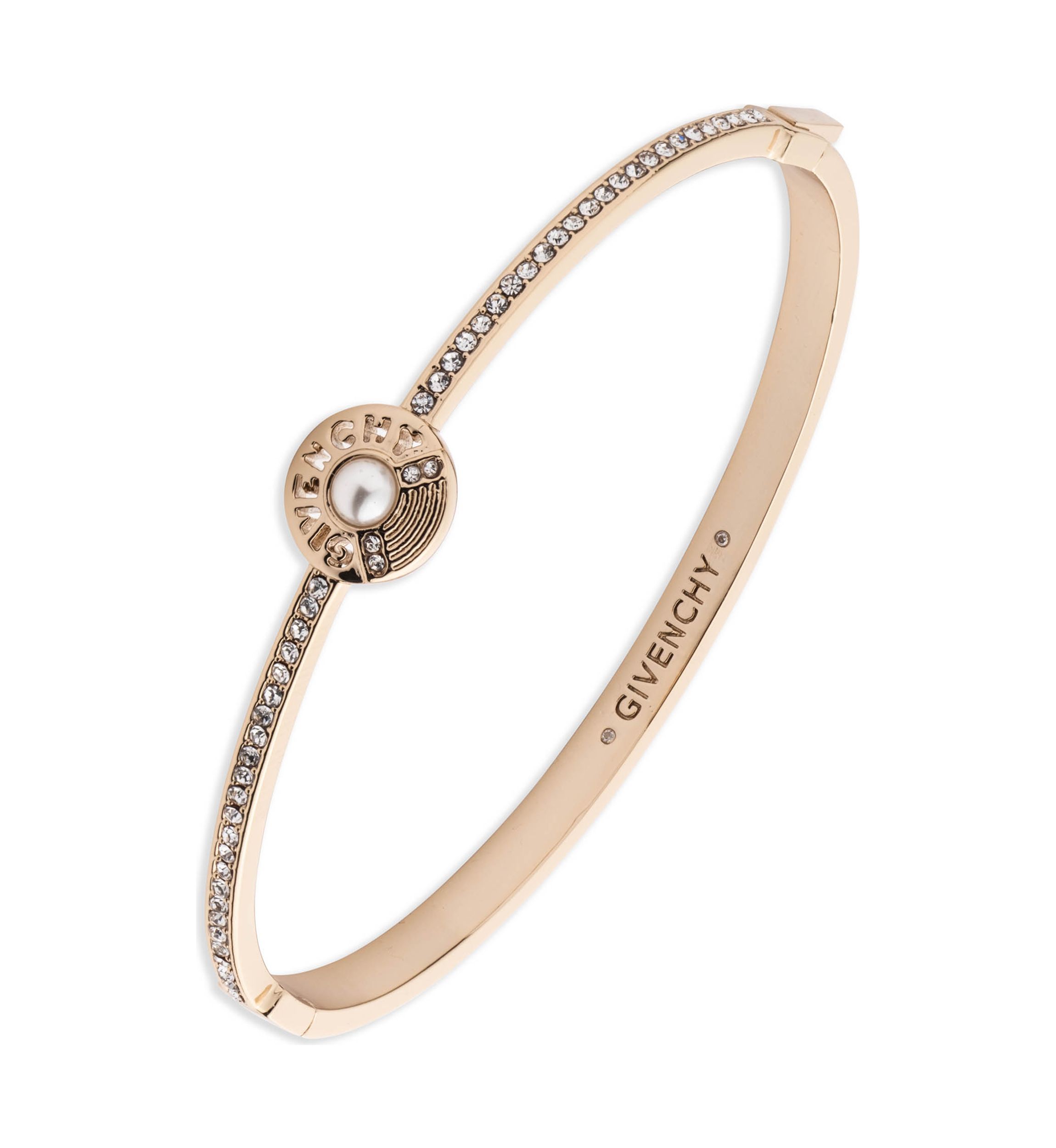 Gold Tone White Pearl Logo Bangle Bracelet