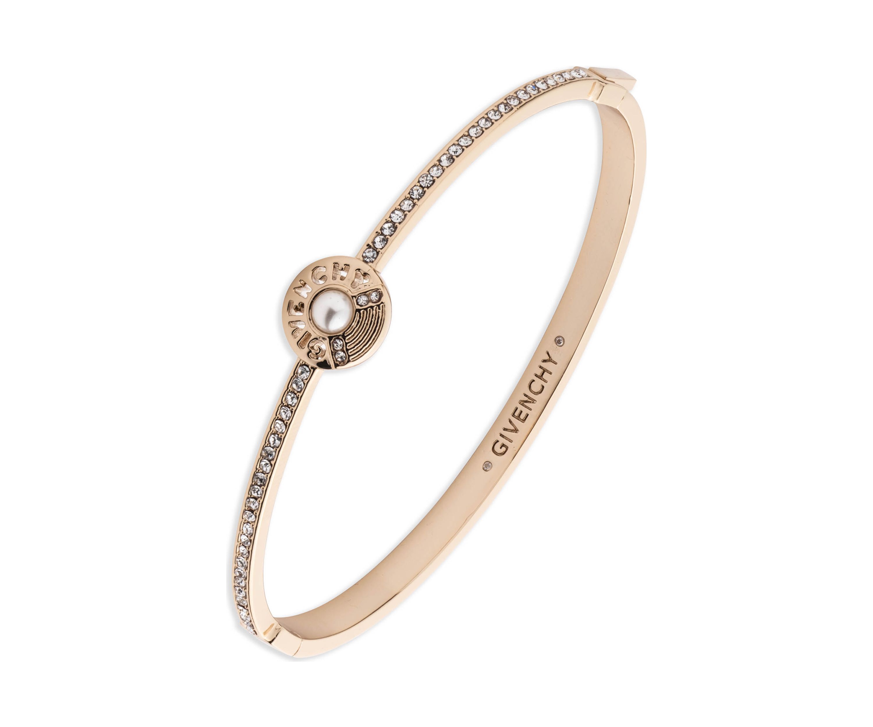 Gold Tone White Pearl Logo Bangle Bracelet