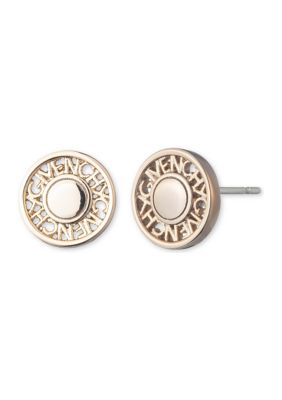 Gold Tone Coin Logo Stud Earrings