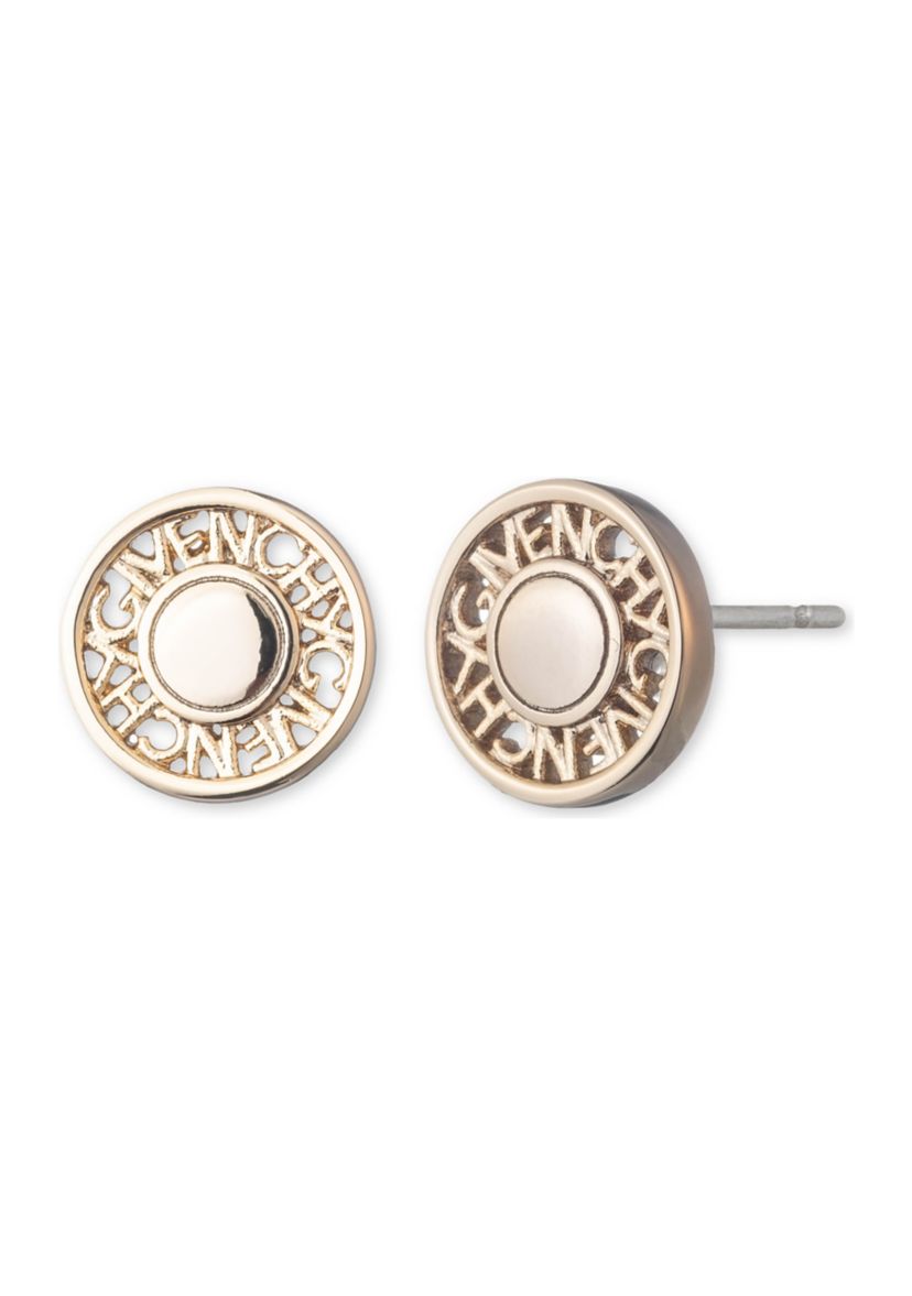 Gold Tone Coin Logo Stud Earrings