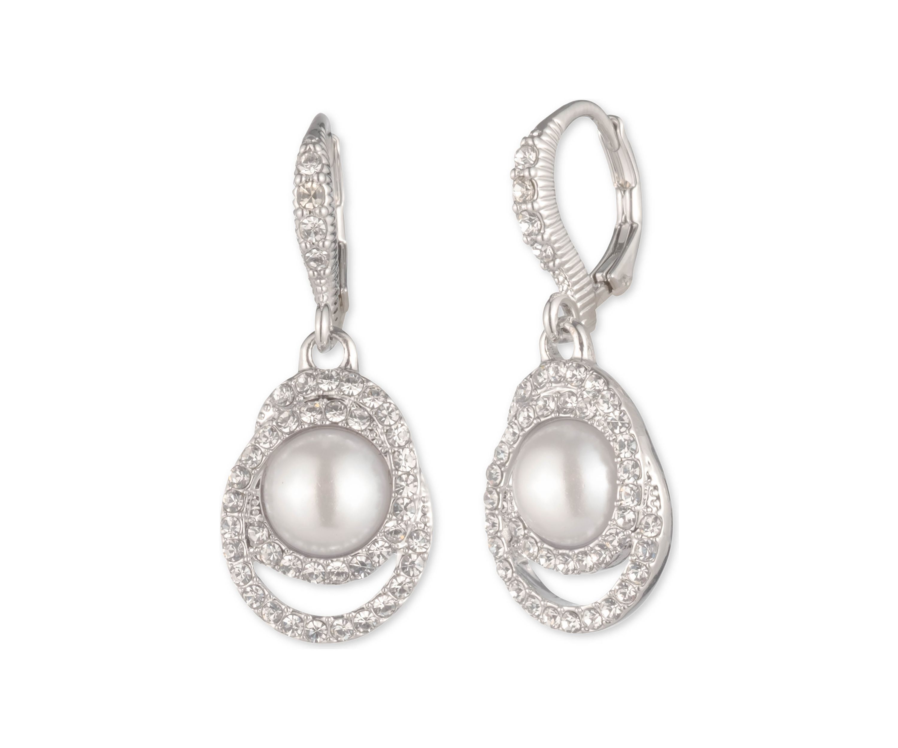 Silver Tone Pearl and Crystal Drop Earrings