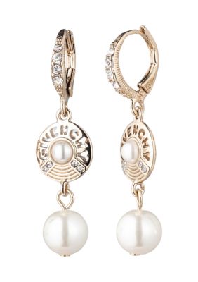 Gold Tone White Pearl Logo Double Drop Earrings
