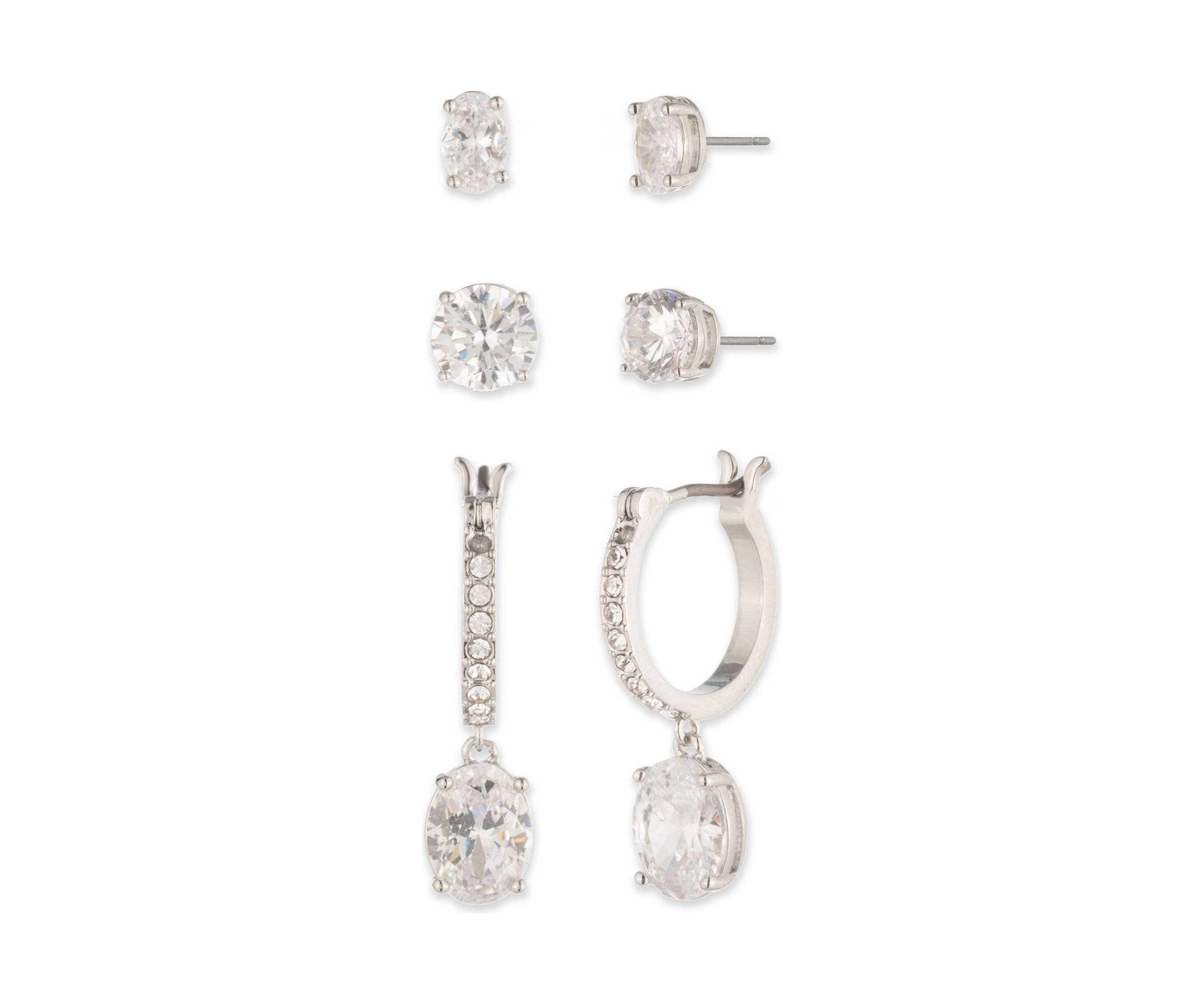 Silver Tone Crystal White Trio Earrings Set