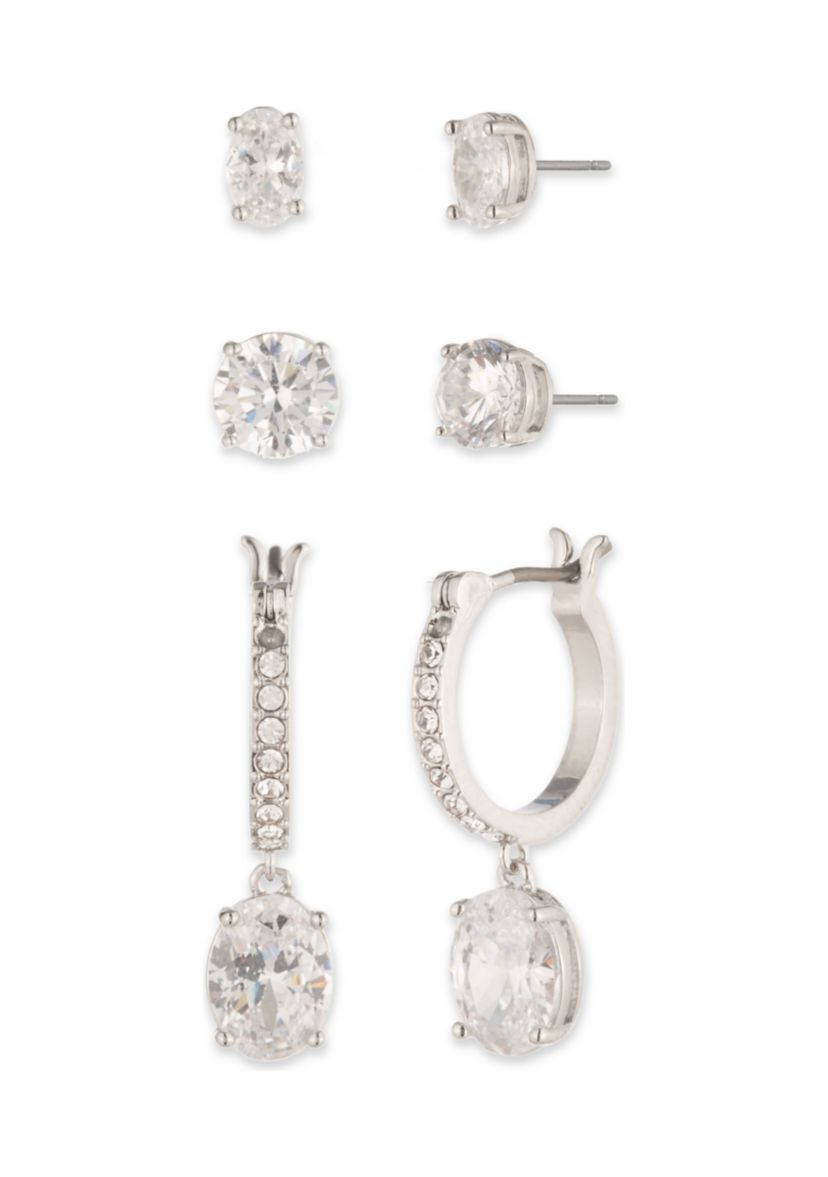 Silver Tone Crystal White Trio Earrings Set