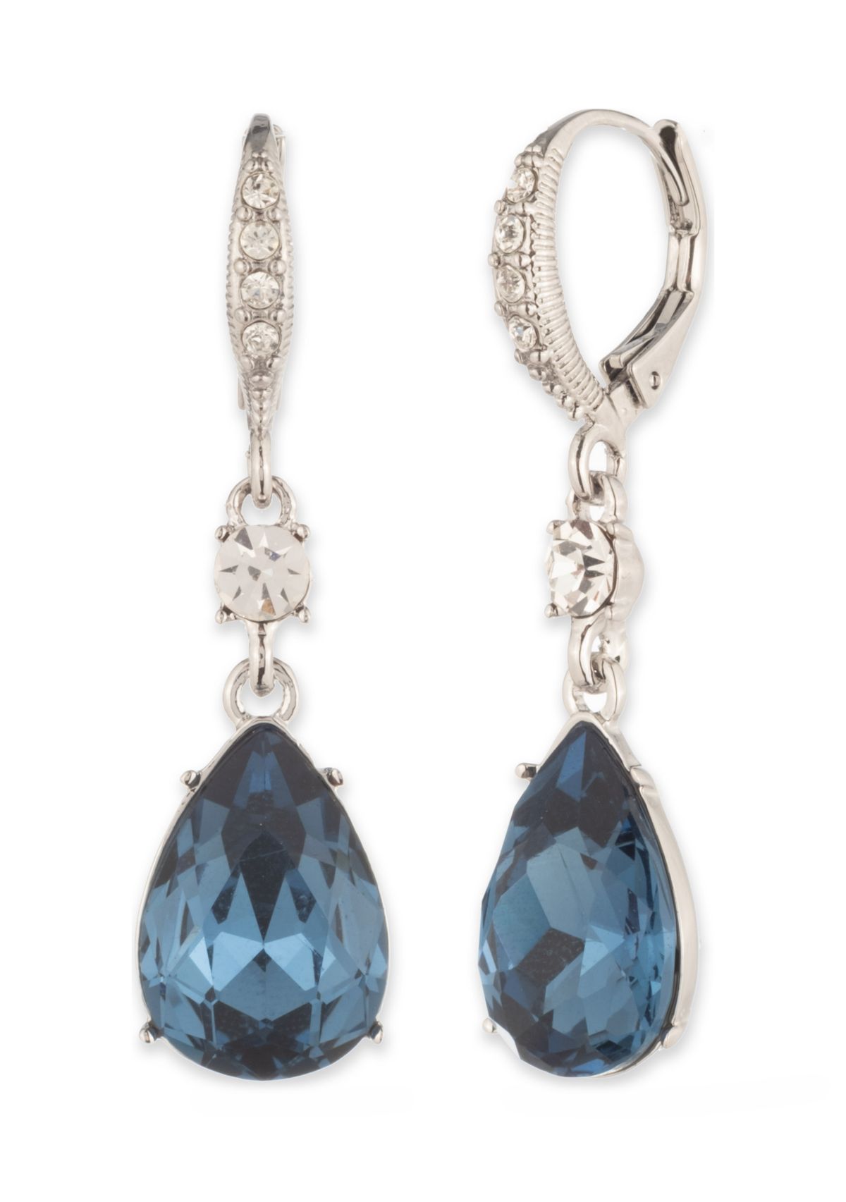 Silver Tone Denim Stone Pear Double Drop Earrings