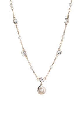 Gold Tone 16'' White Pearl Logo Pendant Necklace