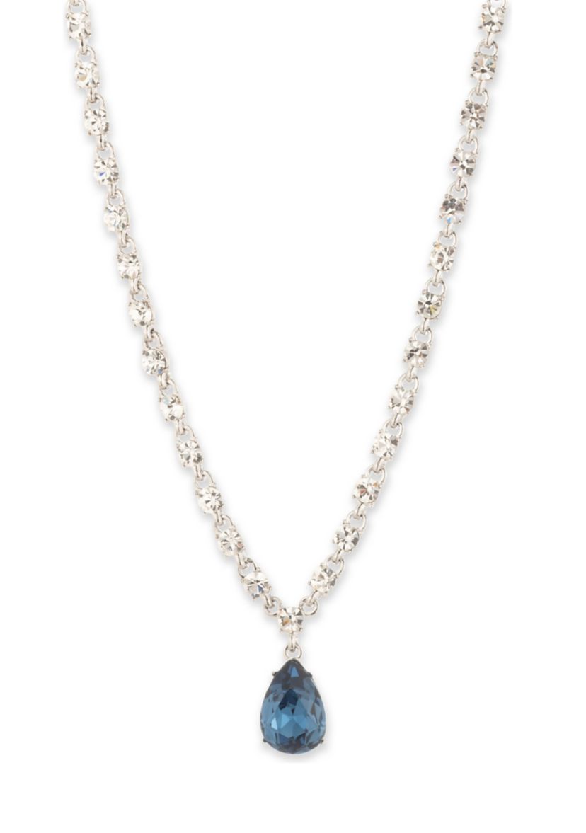Silver Tone Denim Stone Pear Pendant Necklace