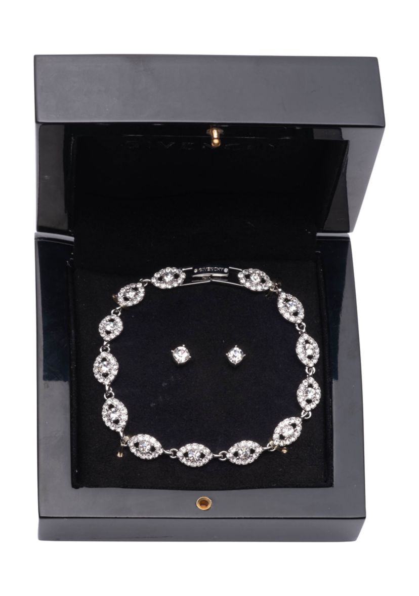 Silver Tone Crystal Stud and Flex Bracelet and Earrings Set