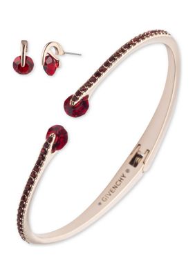 Givenchy Gold Tone Red Post Drop Earrings And Hinge Bangle Bracelet Set