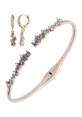 Givenchy Gold Tone Crystal Lever Back Drop Earrings And Hinge Bangle Bracelet Set